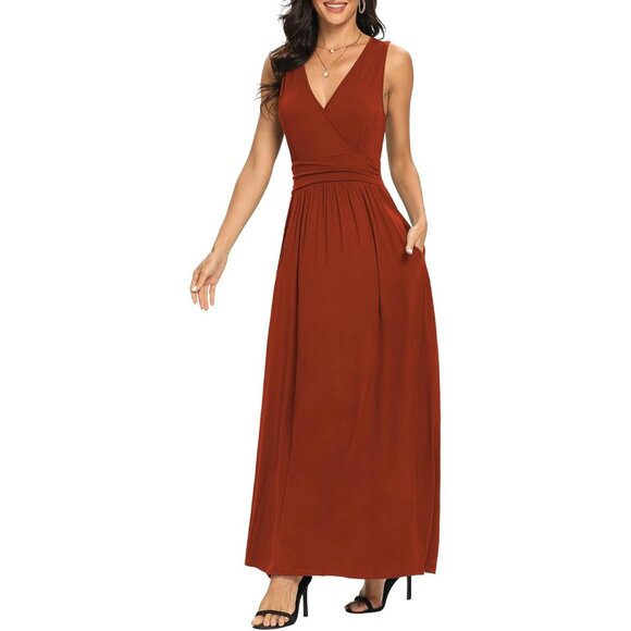 Women Caramel Deep V Neck Sleeveless Loose Plain Long Maxi Stretchy Dress - Picture 4 of 7